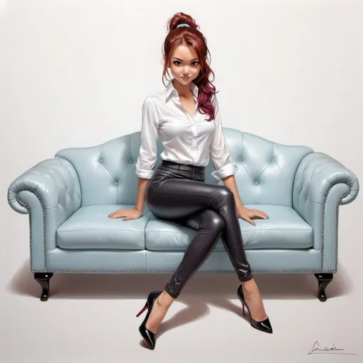 Prompt: A girl posing long on a light Blue leather sofa,full figure, legs and feet above sofa,  girl with tanned Skin, wavy red or plum hair tied ponytail, dark eyes, Little smile, wearing White silk shirt , black leather leggings, black Louboutin shoes, neutral light background, pencil drawing manga style