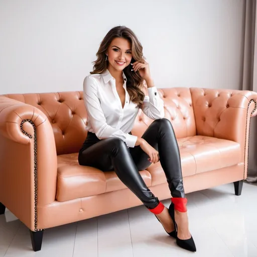 Prompt: A european girl sitting long on a light red leather sofa, full figure, with legs and feet over sofa,  girl with tanned Skin, wavy brown hair, dark eyes, face with Little smile, wearing White silk shirt,  black leather leggings, black Louboutin shoes, in a livingroom light background, 