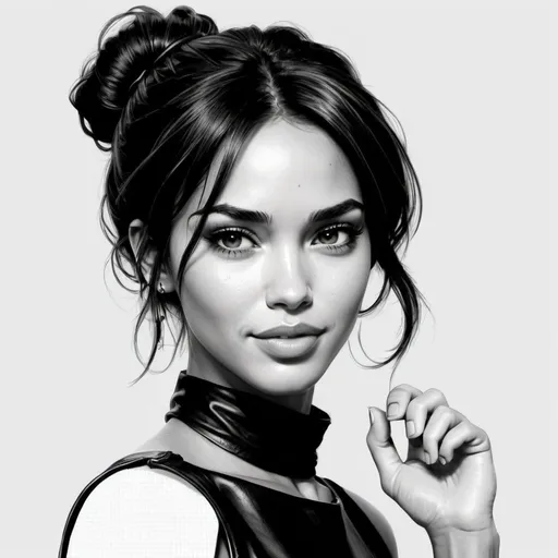 Prompt: A girl face from front, straight view, brown hair tied in bun, dark eyes, little smile, one hand resting on cheek, model like Megan Fox or Vanessa Hudgens or Halle Berry, black leather dress, neutral white background, in  black and white manga pencil style 