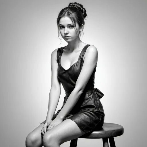 Prompt: a girl sitting on stool in half figure front view, face front view, look straight at me, brown hair tied up, one hand resting on the cheek, black leather dress, in black and white pencil 