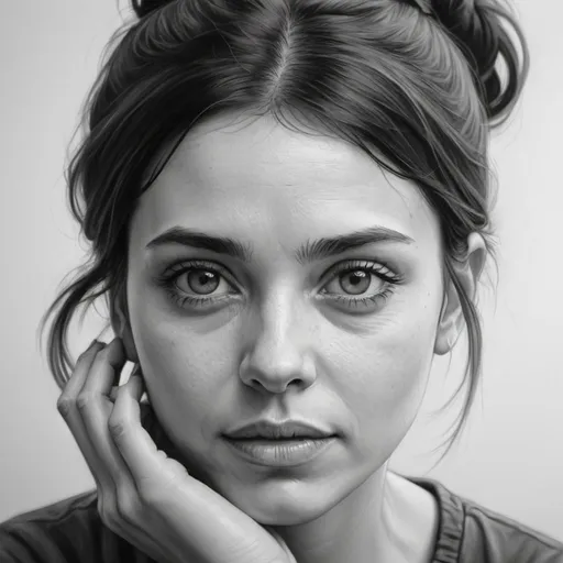 Prompt: a girl face 40 years old, front view, with her right hand near cheek and dark hair tied, in black and white pencil style