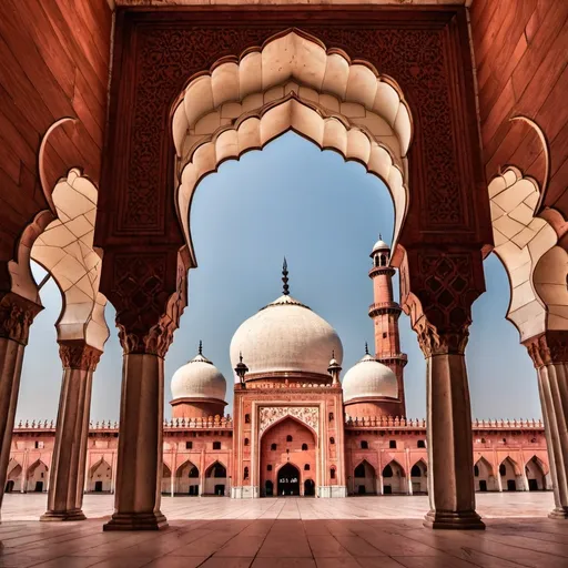 Prompt: Create an image of Badshahi mosque in Pakistan. Use an artistic angle