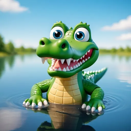 Prompt: 3d alligator cartoon character popping out of a lake, bright blue eyes photography
