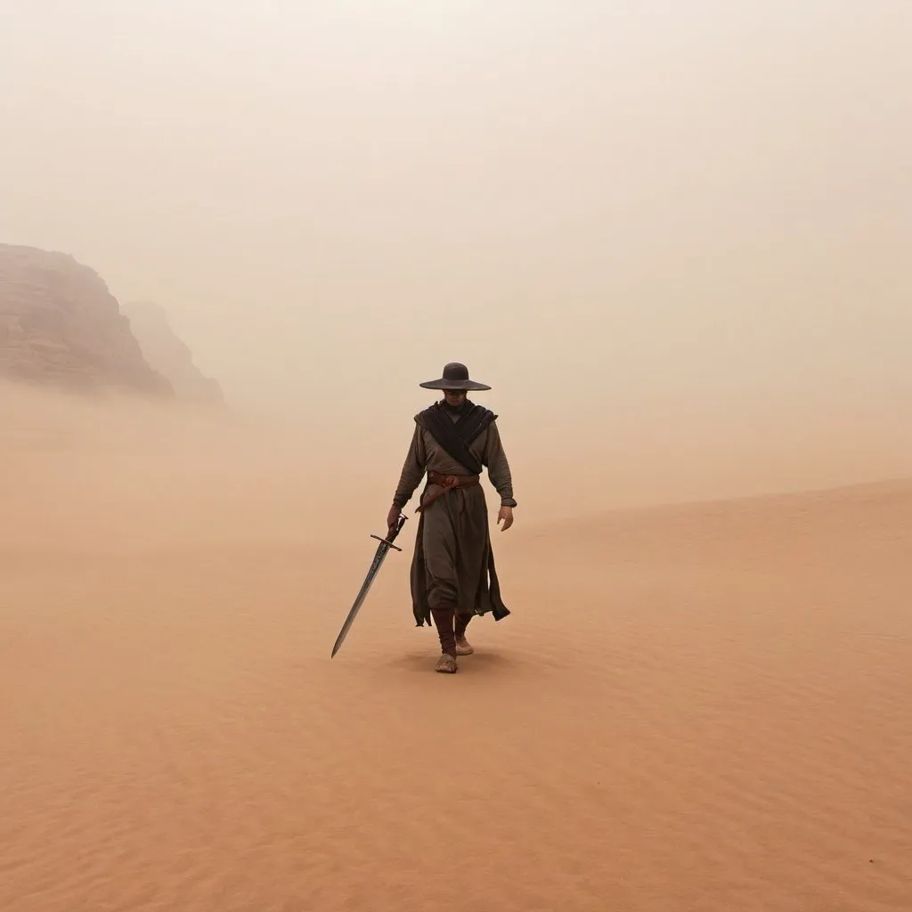 Prompt: A man walking in desert with sword in mist 