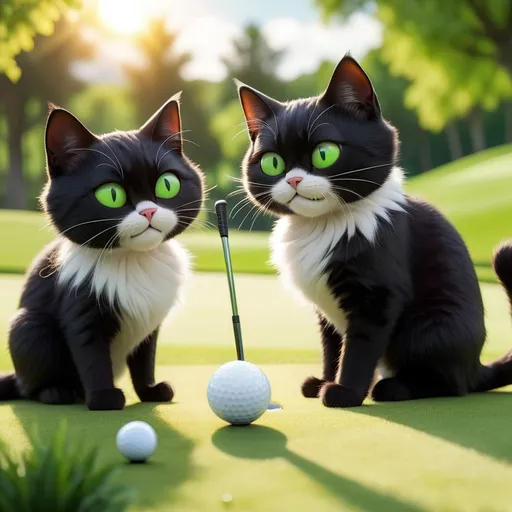 Prompt: (breathtaking scene of black cats playing golf), two charming (black and white cats), one lively (black cat), vibrant (lush green golf course), whimsical charm, playful ambiance, fun interaction between cats, dynamic poses of cats, high-quality detail, cozy yet energetic atmosphere, rich textures in fur, sunshine bathing the scene, playful shadows, ultra-detailed, 4K resolution.