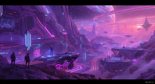 Prompt: Sci-fi and gaming inspired landscape, floating digital platforms, futuristic vehicles and spacecraft, subtle nods to Star Wars and futuristic Marvel tech, glowing neon circuits, anime-inspired characters exploring the scene, cinematic lighting with purple, blue, and orange tones, ultra-detailed, widescreen wallpaper, dynamic perspective, immersive futuristic atmosphere