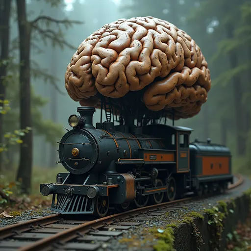 Prompt: An artificial intelligence in the form of a cybernetic, cyberpunk-like brain sits on top of a shanty old coal-operated train
