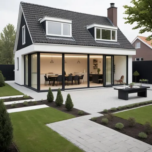 Prompt: Creëer een 3D-model van een luxe Nederlandse eengezinswoning, nauwkeurig gebaseerd op het model GL1 van Groothuisbouw. Het huis moet voorzien zijn van een schilddak afgewerkt met antracietkleurige dakpannen die contrast bieden met de lichtgekleurde gevels. De gevels moeten bestaan uit hoogwaardige, crèmekleurige bakstenen met een lichte textuur die zorgt voor een subtiele schaduwwerking. De architectuur moet symmetrisch zijn met een prominente centrale entree voorzien van een kleine, stijlvolle luifel voor bescherming tegen de elementen.

De voordeur moet modern zijn met glaspanelen die natuurlijk licht binnenlaten en voorzien van een chique, roestvrijstalen handgreep. Aan de linkerkant van het huis, integreer een dubbele garagedeur die harmonieert met de stijl van de ramen, uitgevoerd in wit met glazen secties aan de bovenkant voor extra lichtinval in de garage. De ramen rondom het huis moeten groot en rechthoekig zijn, geaccentueerd met witte kozijnen die een strak contrast vormen met de zachte kleur van de bakstenen.

Rond het huis, ontwerp een sierlijk aangelegde tuin met een combinatie van strak gesnoeide heggen, bloeiende perken en een gemaaide grasveld. Aan de achterkant van het huis, creëer een ruim terras met moderne tuinmeubelen, ideaal voor ontspanning en entertainment buitenshuis.
