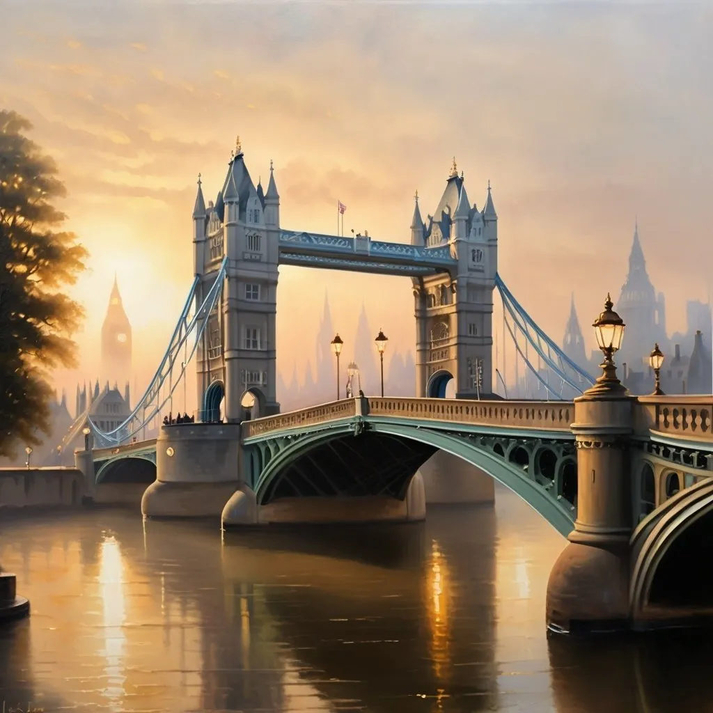 Prompt: London Bridge at dawn, oil painting, misty morning atmosphere, iconic bridge spanning the river, soft golden sunlight, detailed architectural features, serene and tranquil mood, high quality, realistic, atmospheric, misty, detailed architecture, serene, tranquil, soft lighting, oil painting, iconic, dawn