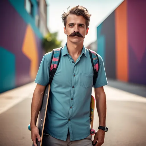 Prompt: man with a mustache holding a skateboard on his shoulder, (looking directly at the camera), casual shirt, confident expression, bright and modern urban background, (highly detailed textures), vibrant colors, (4K resolution), cinematic vibe, cool tone lighting, stylish and trendy appearance, emphasizing urban lifestyle and creativity.