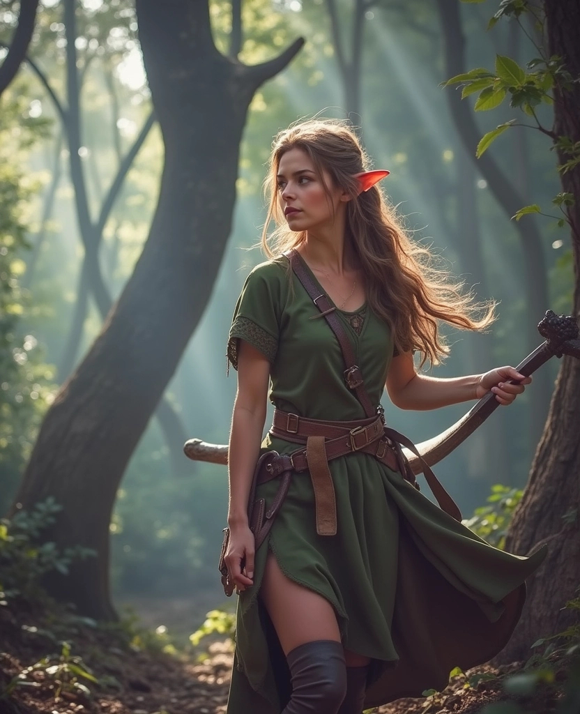 Prompt: Elf ranger in a mystical forest around sunlight