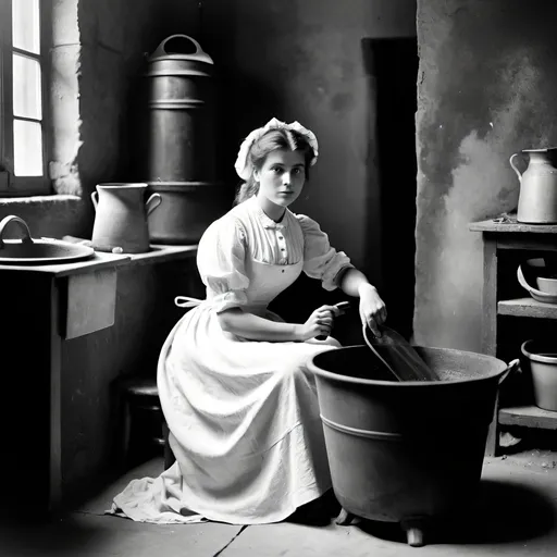 Prompt: Femme dans les années 1893 assise devant sa création de lave vaisselle .
Image en noir et blanc avec un style ancien 