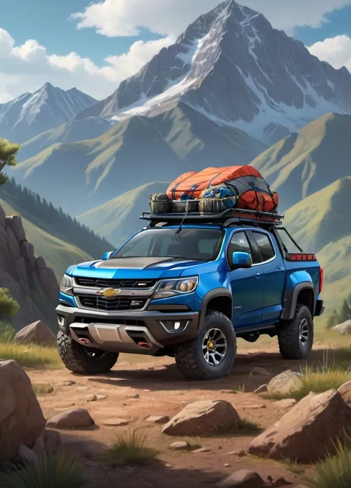 Prompt: a chevrolet colorado car in a nice mountain scene with equipments on top of the car