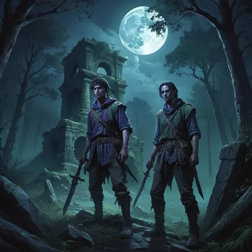 Prompt: Ancient crumbling ruins in a dark forest, full moon lighting, only TWO male adventurers, drawn weapons, undead clawing out of the ground, deep blues, greens, purples, sense of adventure, danger, mystery, highres, detailed, atmospheric, fantasy, intense, moonlit, ancient, determined expressions, eerie lighting