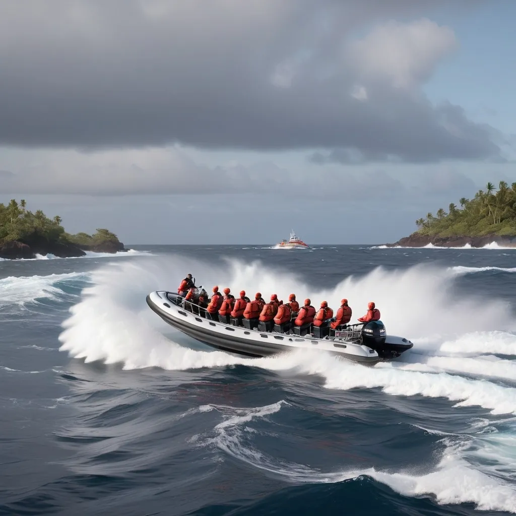 Prompt: Design an image of a fast-moving RIB with 8 people on board. In the distance, there is an island and large waves.