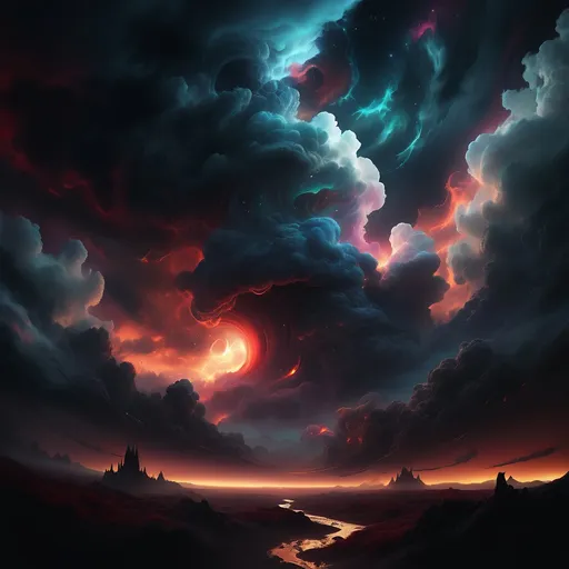 Prompt:  like this ethereal scenery, contrasting celestial and infernal landscapes, vibrant colors juxtaposed with dark hues, a surreal atmosphere, mystical clouds swirling, detailed  with  dynamic play of light and dark, HD quality, emotional depth and intrigue, enchanting yet ominous ambiance.