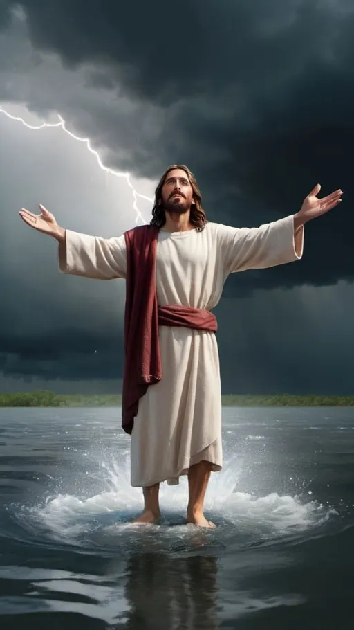 Prompt: Jesus standing on water storm painted arms open 4k