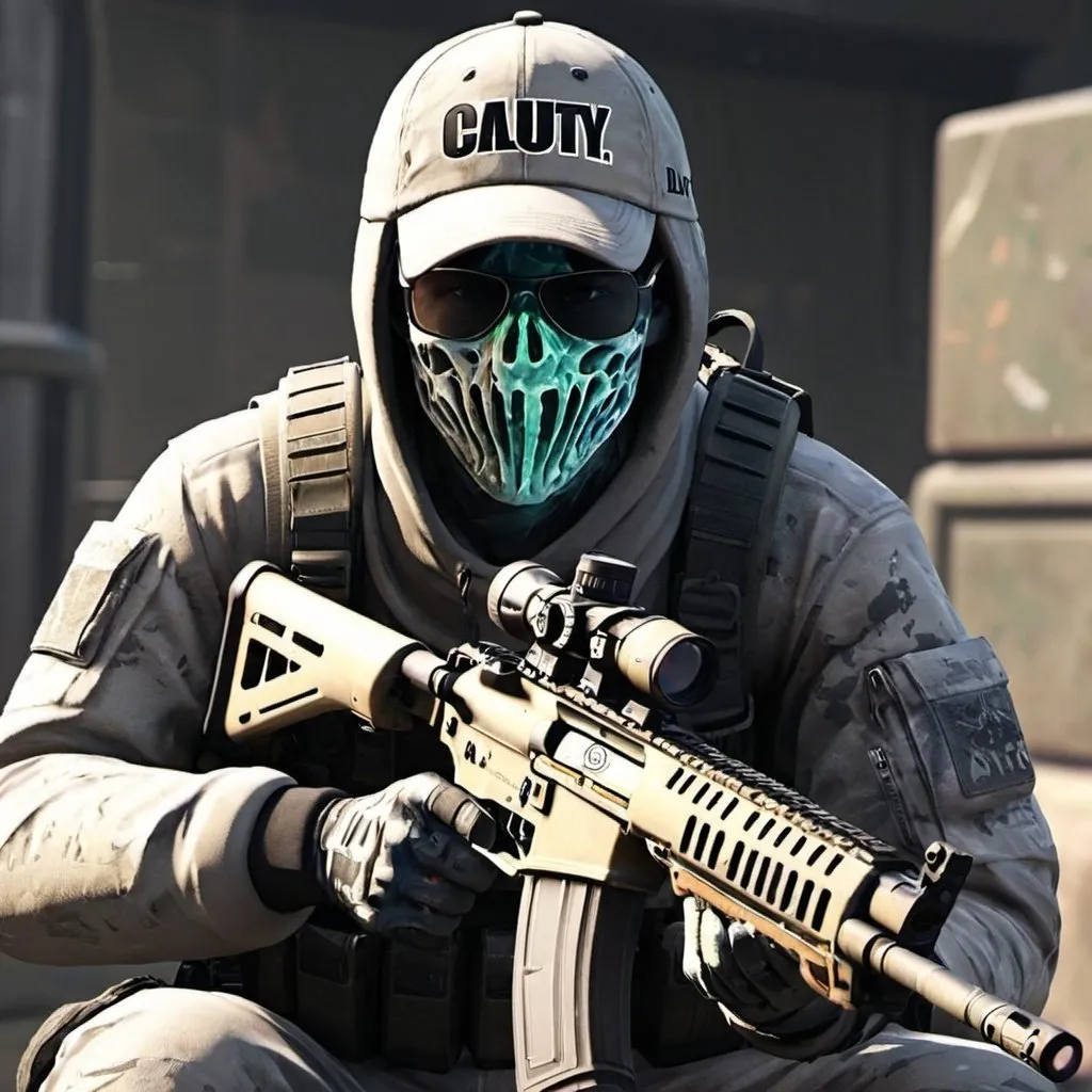 Prompt: Ghost skin from call of duty chilling after wining an match using a sniper DLQ-33