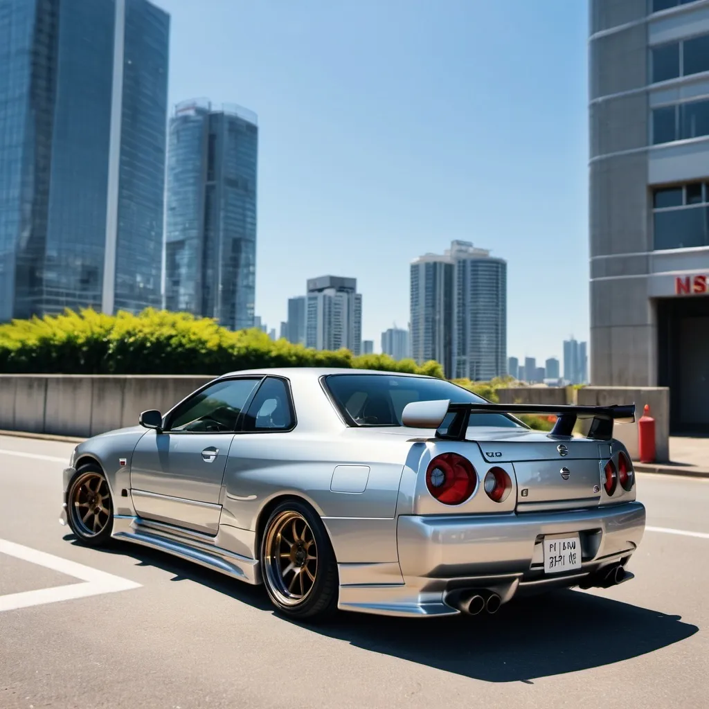 Prompt: nissan skyline r34 with a cityview in the back and sunny vibe