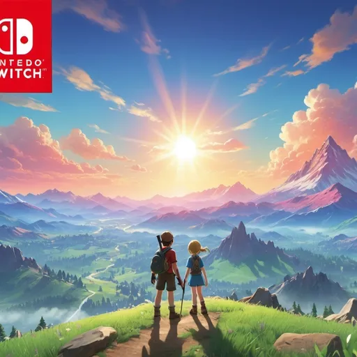 Prompt: (nintendo switch video game), beautiful mountains,, bright sun, expansive open sky, winding trails amongst the peaks, soft sunlight bathing the scene, high-quality details, vibrant colors, cheerful ambiance, adventurous spirit, ultra-detailed, cinematic landscape, serene backdrop, perfect for gaming enthusiasts to feel inspired, with a boy and girl, nintendo switch