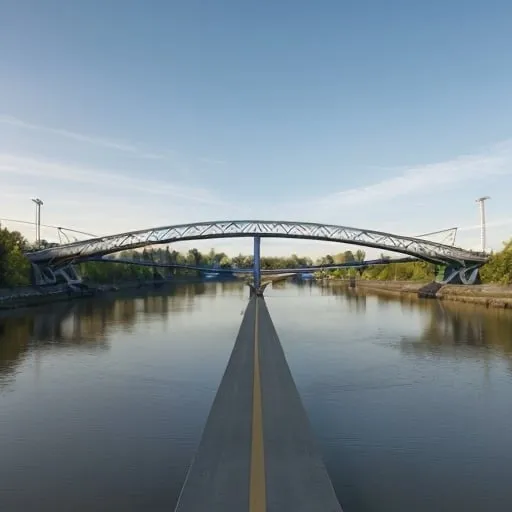 Prompt: produce a photo of a one span cable-stay foot and cyclist bridge over idealic river