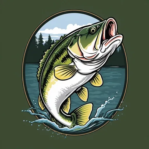Prompt: Make the upper and lower peninsula of Michigan for a t-shirt design with a large mouth bass in a trout on it Great Lakes