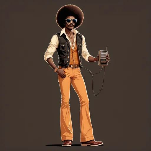 Prompt: male with retro 70's style afro hair full body with boot cut pant with vest with retro sunglasses holding old radio make it look realistic illustration with transparent background and high resolution