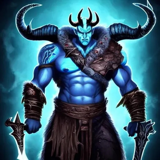 Prompt: he is a man god of war with blue skin and powerfull body and he has three horns backwardson his head ( i want surly he has three horns) with neon eyes. long shot in war
