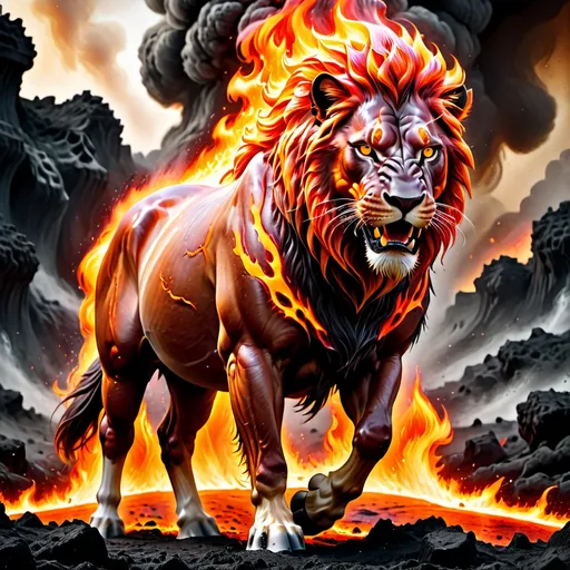 Prompt: A cinematic shot of a fiery, liquid-lava-composed horse with a fierce expression in the middle of a blazing battlefield. The burning body of the Big lion emits intense heat, with flames constantly flowing and dripping like molten lava from its muscular structure. Its fur is a furious inferno, and its bright and sharp eyes burn with fierce intensity. The ground beneath its huge legs crackles and splits, leaving traces of glowing embers. The surrounding environment is enveloped in a fire mist, with sparks flying and the distant glow of magma illuminating the scene, emphasizing the terrifying and untamed power of the horse.



