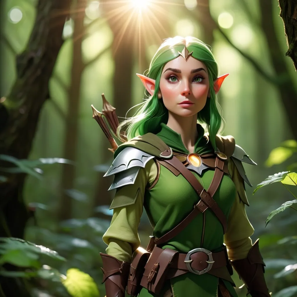 Prompt: Elf ranger in a mystical forest around sunlight