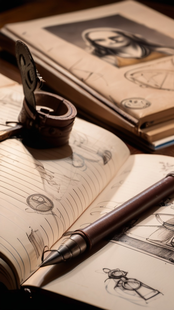 Prompt: A close-up of a quill writing in a leather-bound notebook, with sketches of the Mona Lisa and flying machines visible on the pages. The camera pans slowly to show da Vinci’s face, deep in thought, surrounded by his inventions and art.