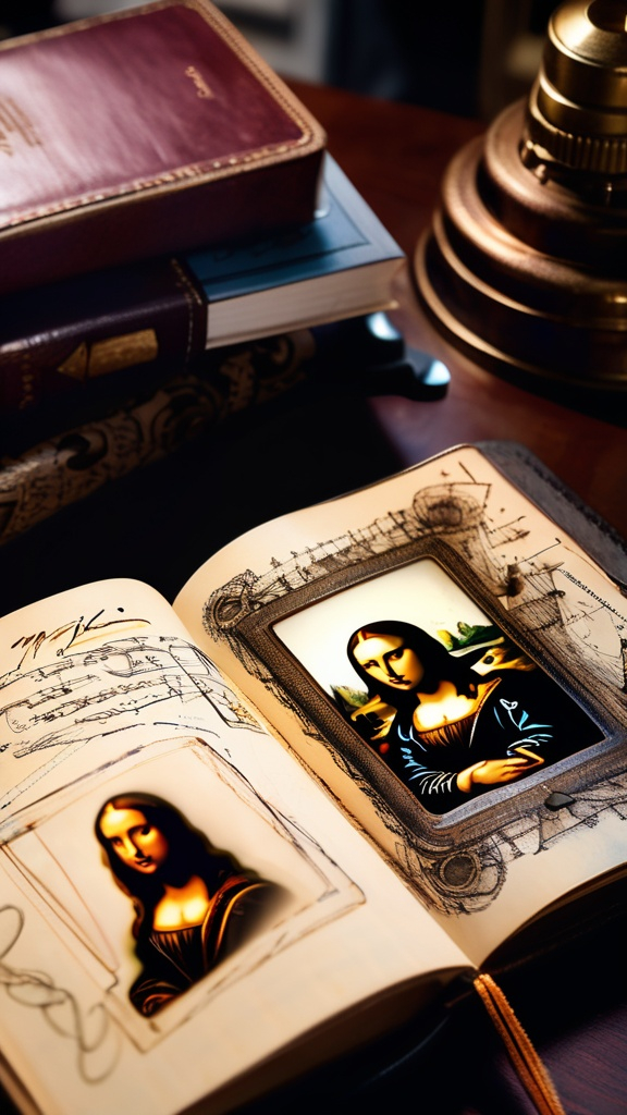 Prompt: A close-up of a quill writing in a leather-bound notebook, with sketches of the Mona Lisa and flying machines visible on the pages. The camera pans slowly to show da Vinci’s face, deep in thought, surrounded by his inventions and art.