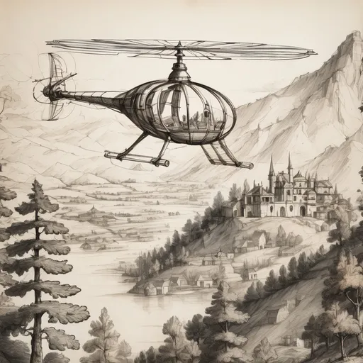 Prompt: The camera zooms out to reveal Leonardo's sketches of flying machines, with a detailed drawing of a helicopter-like contraption. The scene transitions to a glowing, slightly animated version of the flying machine taking off from a 15th-century landscape, surrounded by mountains and trees.