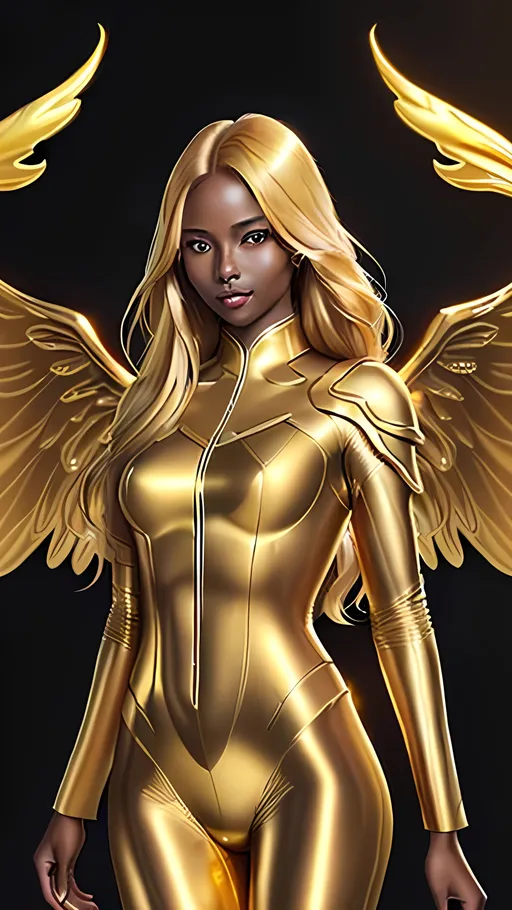 Prompt: Hot woman, pretty, young, competent, brave, in a golden suit, looks sharp, fantasy like, clear face, golden hair, looks very happy, dark skin tone, golden wings