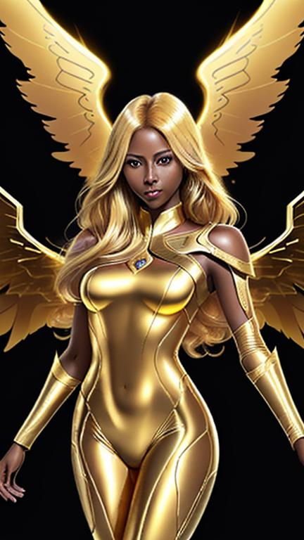 Prompt: Hot woman, pretty, young, competent, brave, in a golden suit, looks sharp, fantasy like, clear face, golden hair, looks very happy, dark skin tone, latino, golden wings