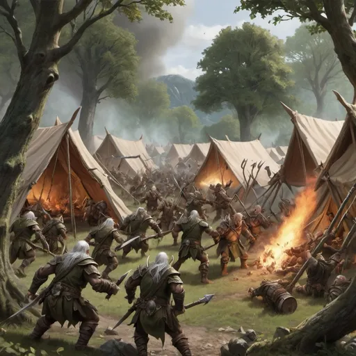 Prompt: Wood elf encampment under attack by orcs 