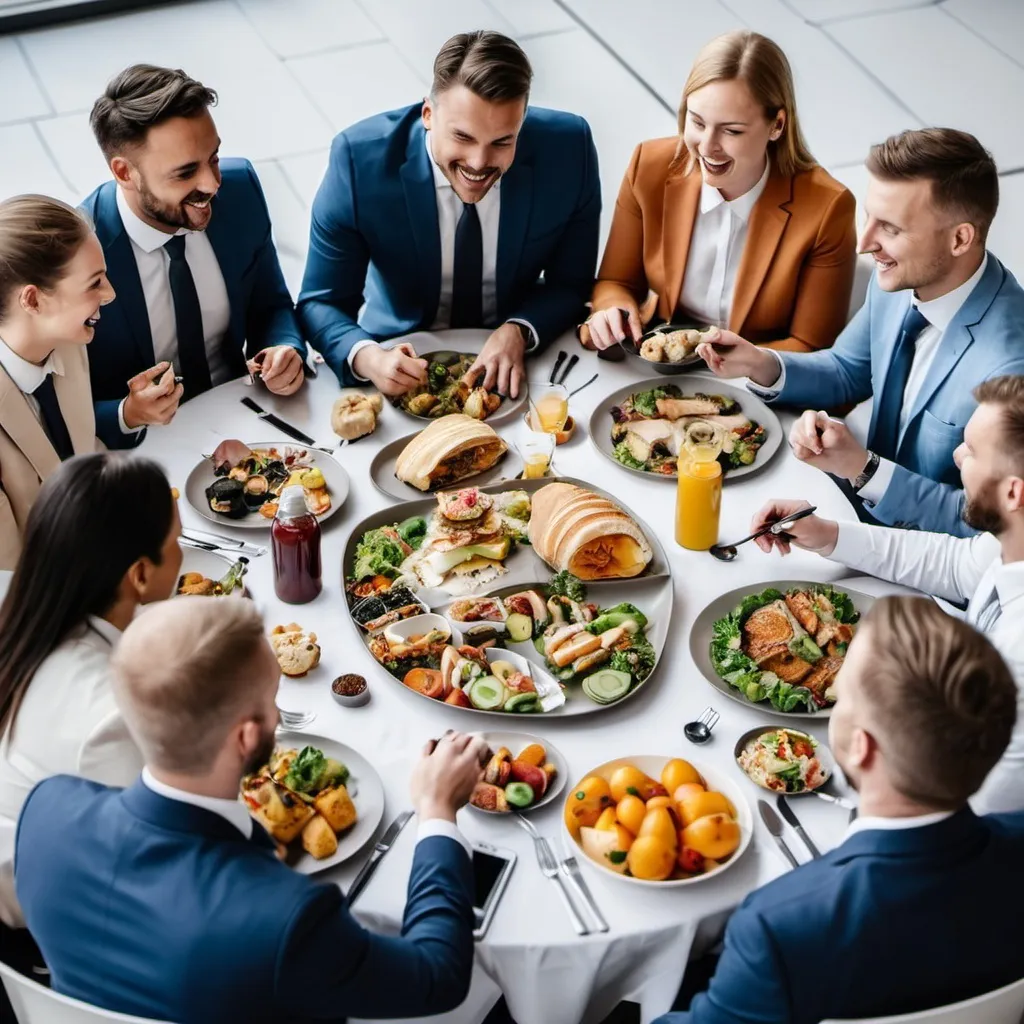 Prompt: Image of a team gather in a table at lunch. This is a lunch that was provided by supplier in a sales challenge