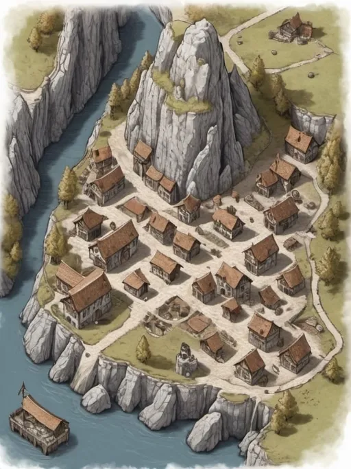 Prompt: detailed map of a medieval fantasy town built along the river against a giant rock wall with mine entrances dotting the face of the rock wall.