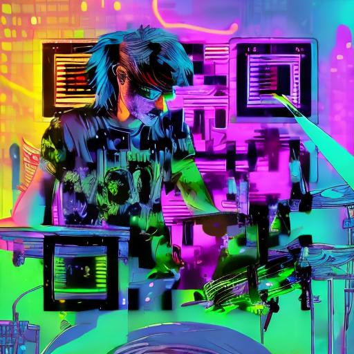 Prompt: Hard Rock drummer playing his drums, neon colors, cyberpunk 