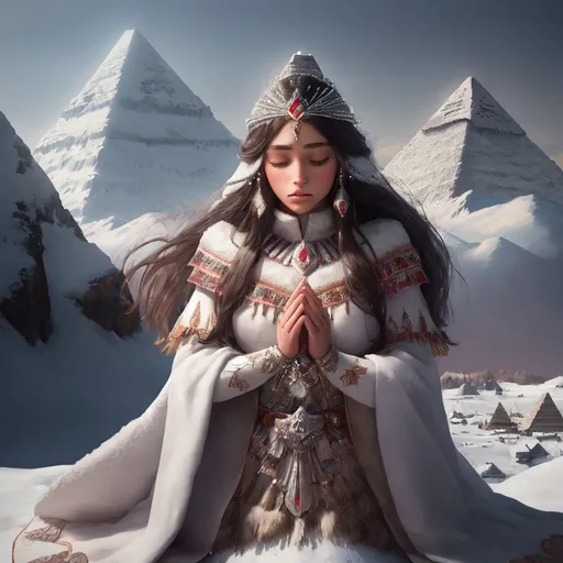 Prompt: (aztec princess) peacefully sleeping, (snowy mountain) backdrop towering over a majestic (pyramid), soft natural light casting gentle shadows, serene atmosphere, delicate snowflakes falling, tranquil scene, intricate details in the princess's attire, contrasting vibrant hues against the white snow, (highly detailed), (4K), enchantingly peaceful and mesmerizing moment in time.