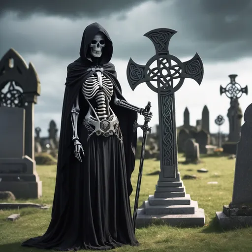 Prompt: cyborg grim reaper woman, standing in celtic grave yard