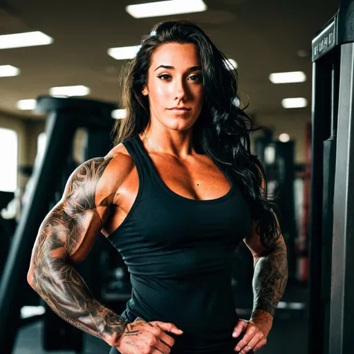 Prompt: A huge, muscular, bulky, beefy, muscle-bound female bodybuilder, with sleeve tattooes, a pretty face, long wavy black hair, huge muscles, smirk, a black tank top, big chest, big chest, big shoulders, big quads, standing in a gym, cinematic 4k 