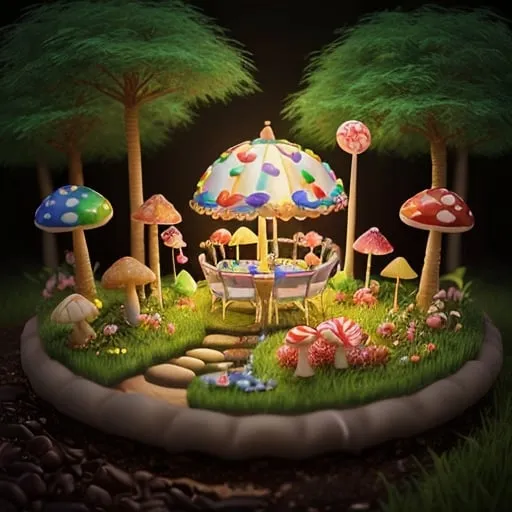 Prompt: Realistic candy garden with lollipop trees, candy grass, marshmallow mushrooms, chocolate river, high quality, realistic, vibrant colors, whimsical, detailed textures, fantasy, candy-themed, delicious, magical lighting