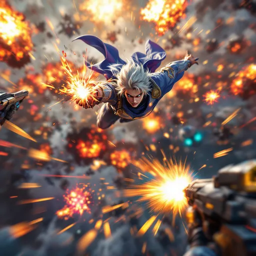 Prompt: "Fast-paced action shot: Character mid-air, surrounded by explosions and enemies. Vibrant colors and motion blur."
"Precision strike: Close-up of a perfectly executed attack, showing impactful visual effects and satisfying detail."
