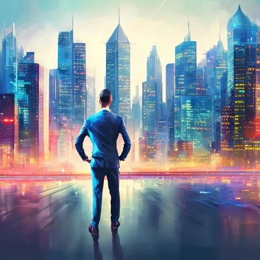 Prompt: Young and eager investor, digital painting, modern business attire, vibrant city skyline in the background, high energy, determined expression, bustling urban setting, professional, vibrant colors, dynamic lighting, 4k, modern, energetic, determined, digital painting, cityscape, modern attire, vibrant colors, bustling, professional