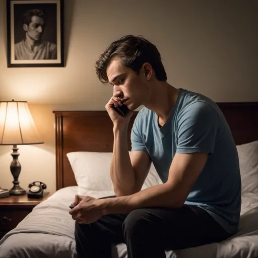 Prompt: Imagine a young man sitting on the edge of his bed late at night. The room is dimly lit by a small lamp on a bedside table. His posture is slouched, and he’s holding his head in his hands, deep in thought. Nearby, his phone lies on the bed with a conversation open, hinting at recent messages exchanged with someone important to him. The walls might have posters or pictures, reflecting his interests and memories. There’s a mix of workout gear and books around, showing his dedication to self-improvement and education. His expression is one of conflict and sadness, caught between past memories and current struggles.