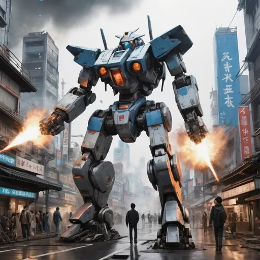 Prompt: Mecha robot battle, anime pilots, manga-style mechs, (hyper-realistic:1.4), explosive action, futuristic city backdrop, science fiction weaponry, dynamic poses, Ando Hiroshige influence, acrylic painting
