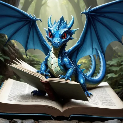 Prompt: dungeons and dragons fantasy art blue dragon baby fly out of a book
