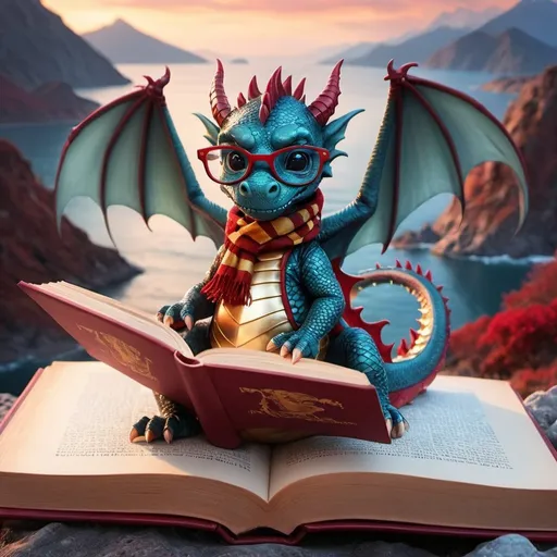 Prompt: fantasy art dark red dragon baby with glasses reads a book with red and gold striped scarf. Fantasy mountains and ocean ín the backgrounc