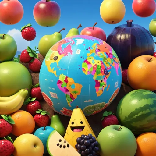 Prompt: High definition colorful globe for kids, vibrant fruits characters, colorful shapes, playful and whimsical style, bright and lively color tones, detailed and crisp textures, cheerful and energetic atmosphere, best quality, 4k, ultra-detailed, playful, vibrant colors, fruits characters, colorful shapes, high definition, kids globe, whimsical, detailed textures, energetic lighting